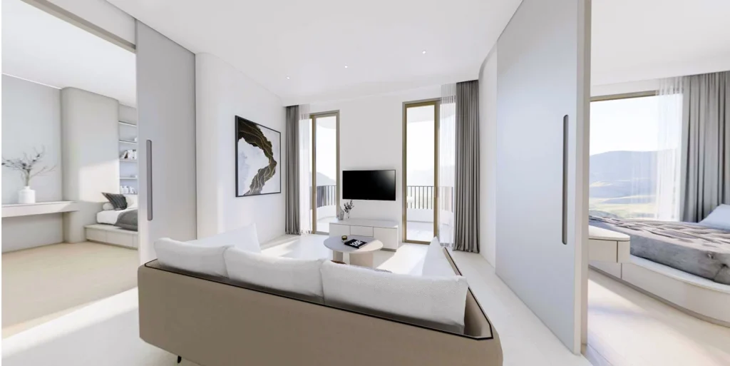 Interior visualisation of a living room with a mountain view at The Element, for comparing space in private pool residences