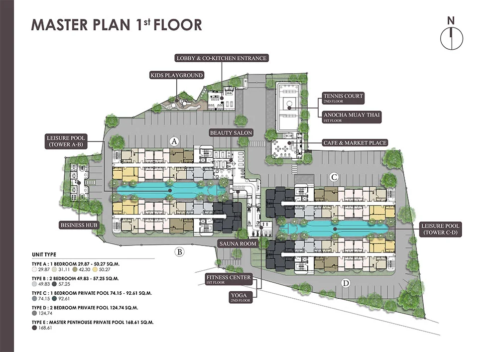 The Element by Anocha master plan, first floor, showing Towers A to D, leisure pools and facility locations