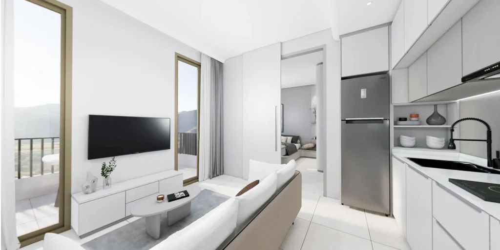 Interior visualisation of a kitchen and living area at The Element, where sun and privacy matter as much as in a private pool condo
