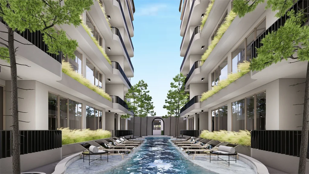 Architectural visualisation of the shared lap pool between the residential buildings at The Element, alongside its luxury penthouses for sale in Kamala