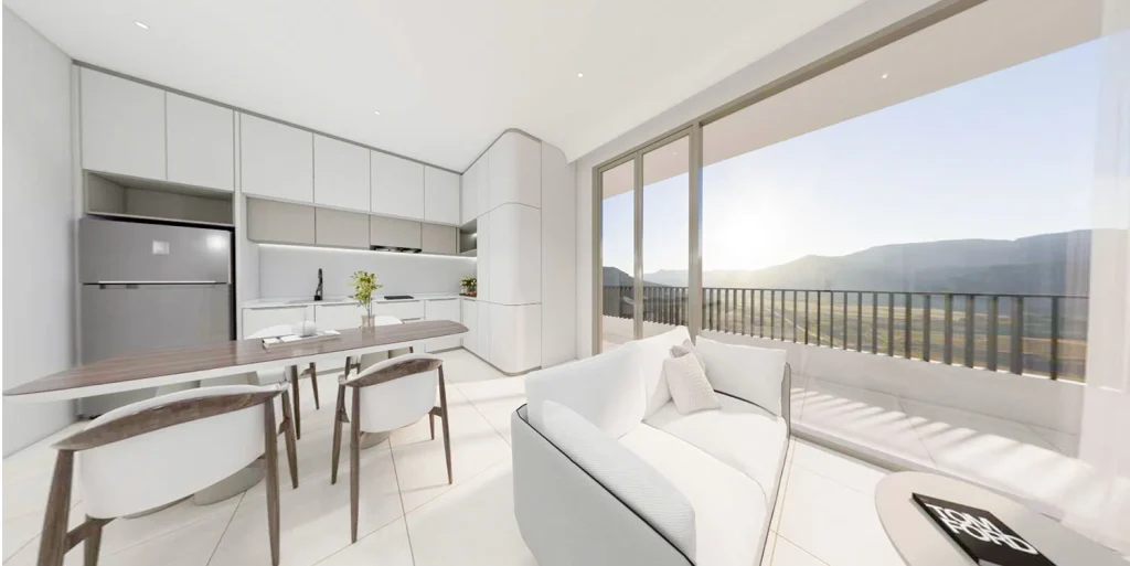 Interior visualisation of a kitchen and living area opening to a balcony at The Element, for comparison with a private pool condo layout