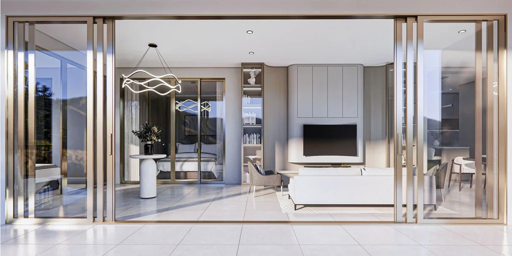 Interior visualisation of a living room opening onto a terrace through glazed sliding doors at The Element