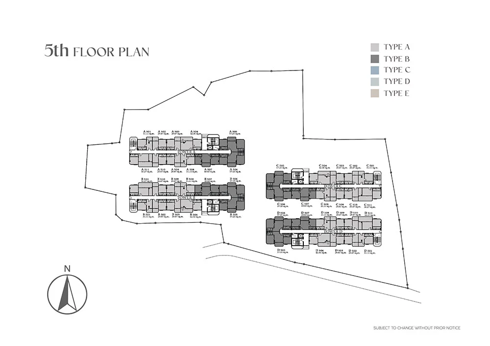 The Element master plan, fifth floor, showing where the different floor plans sit in the towers