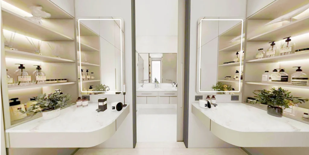 Interior visualisation of a dressing area with vanity and storage at The Element