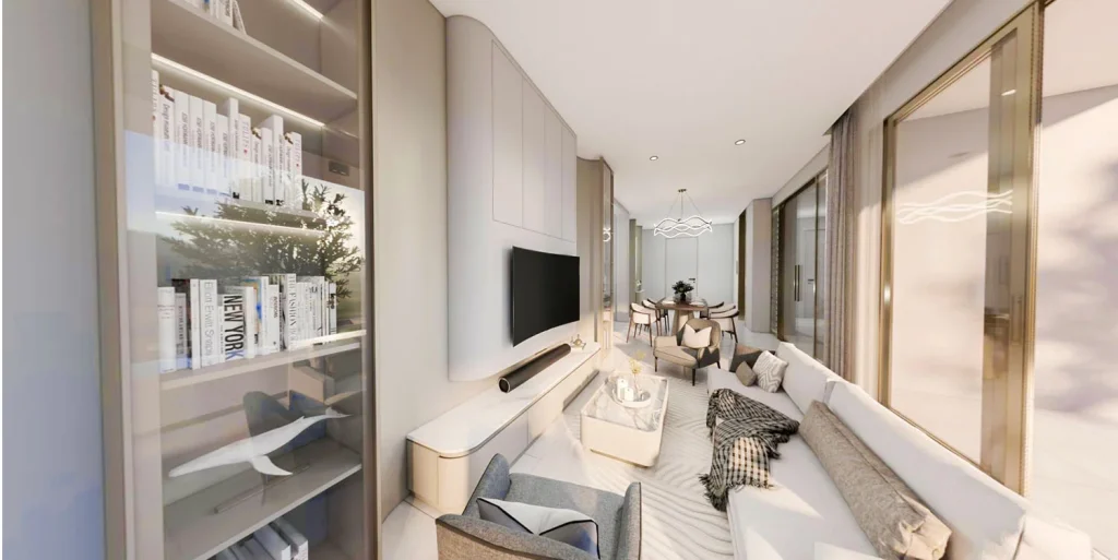 Interior visualisation of a living room with shelving at The Element, a common subject in any Kamala property buyer FAQ