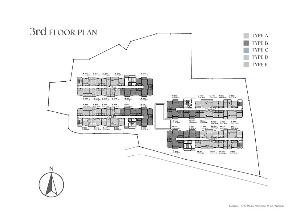 The Element master plan, third floor, showing two-bedroom layouts suited to family living
