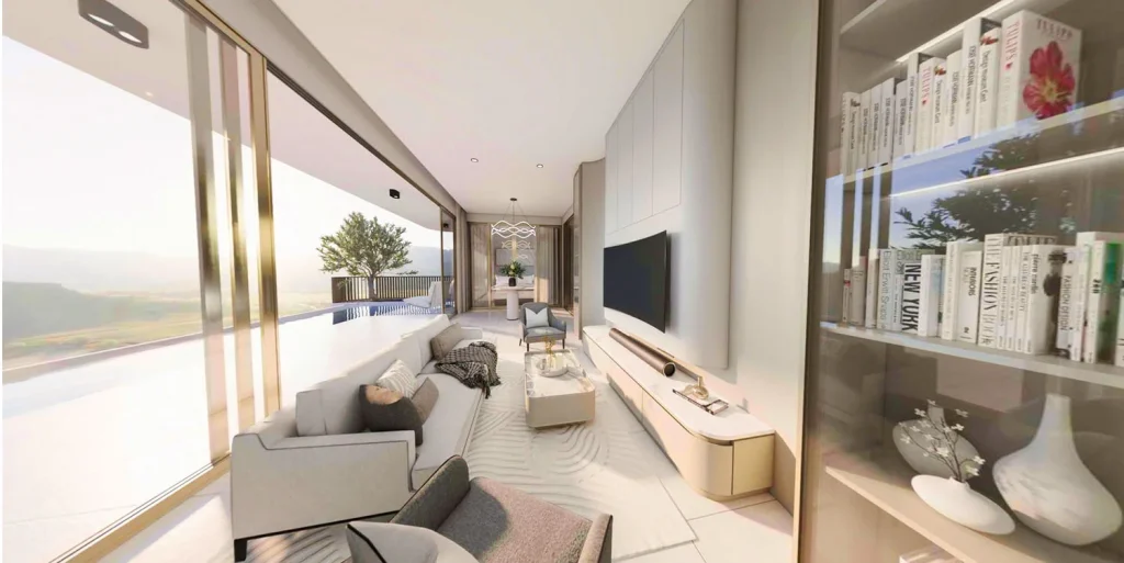 Interior visualisation of a living room at The Element, the home side of a Muay Thai gym condo