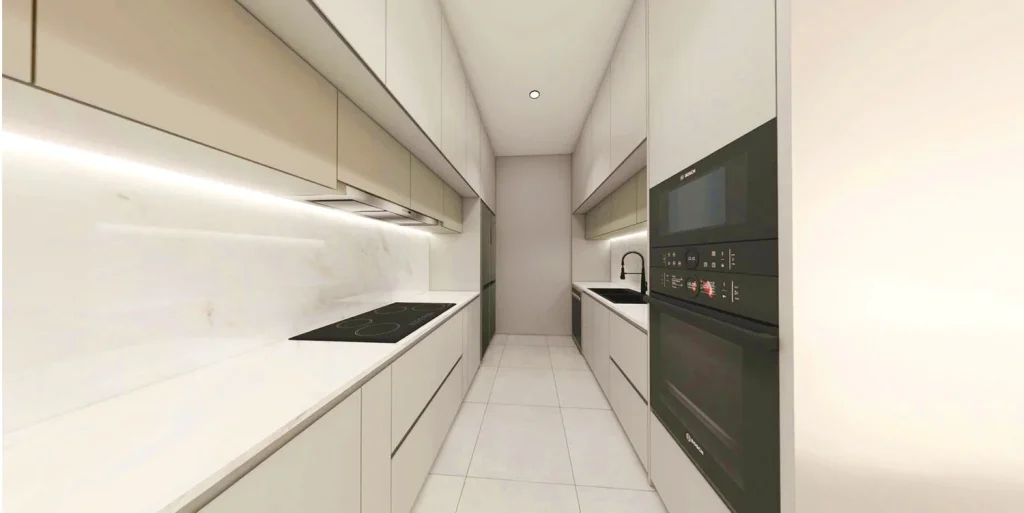 Interior visualisation of a galley kitchen at The Element, for the days without tennis