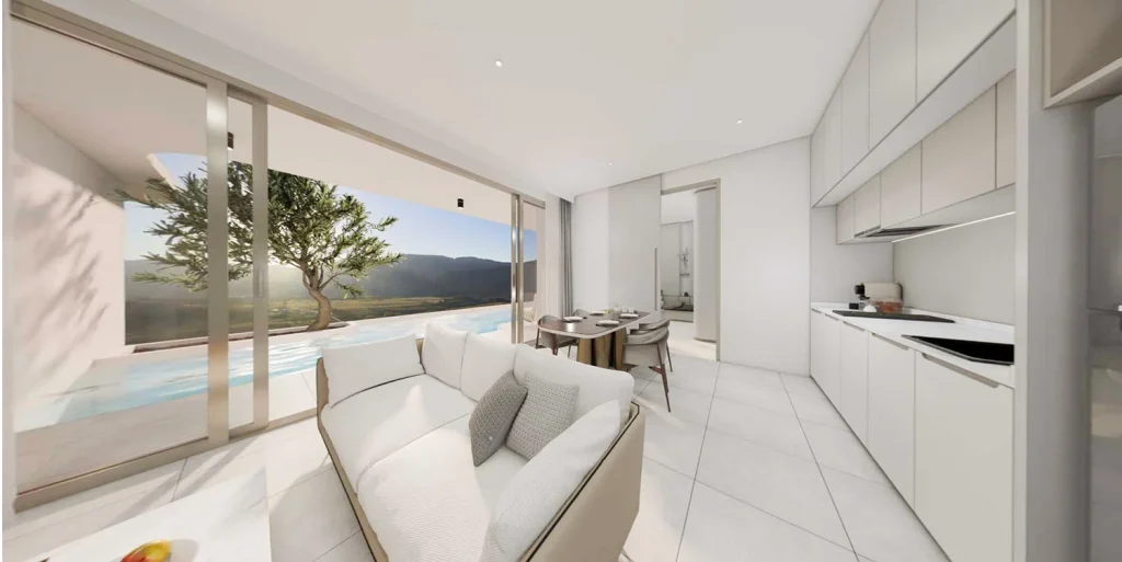 Interior visualisation of a private-pool residence with living area and kitchen at The Element