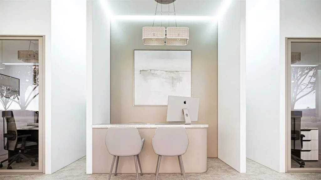 Interior visualisation of a quiet work area with a desk and two seats at The Element