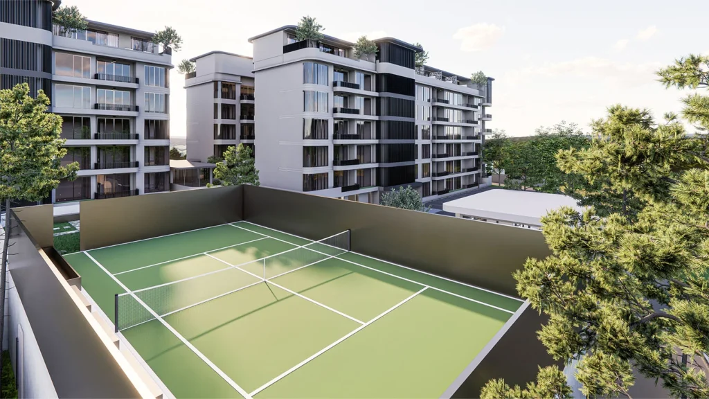 Architectural visualisation of the rooftop tennis court at The Element by Anocha