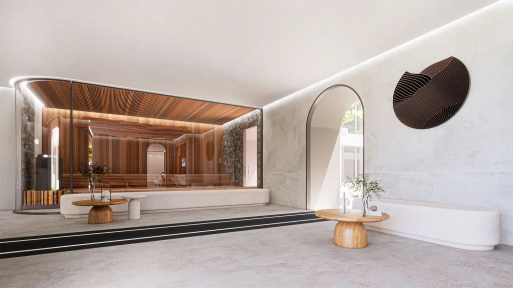 Architectural visualisation of the shared sauna and relaxation area at The Element