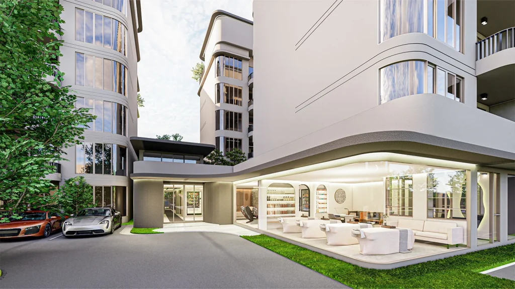 Architectural visualisation of a ground-floor lounge at The Element, a facility to try when retiring in Kamala