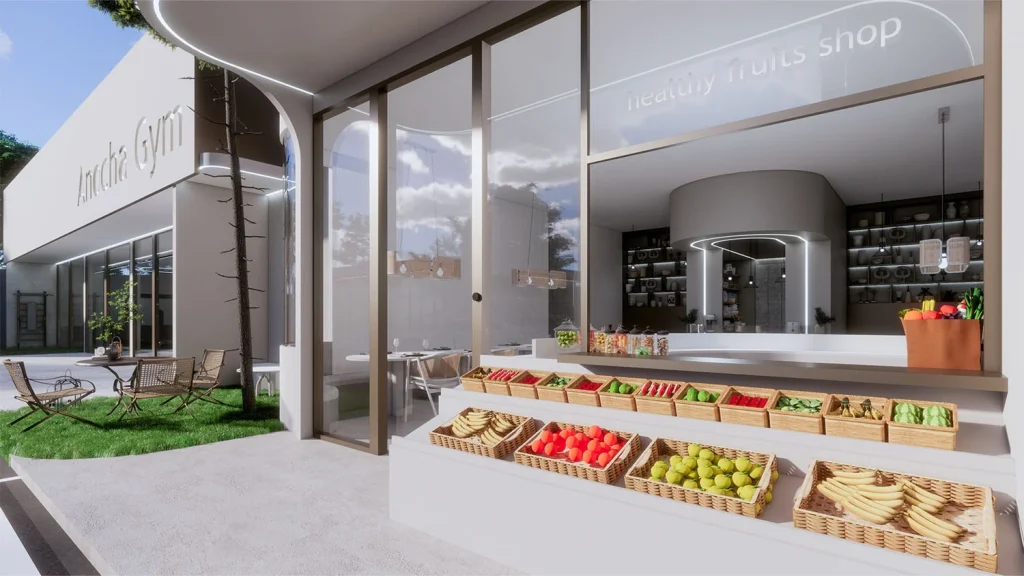 Architectural visualisation of the marketplace and co-kitchen at The Element in Kamala, Phuket