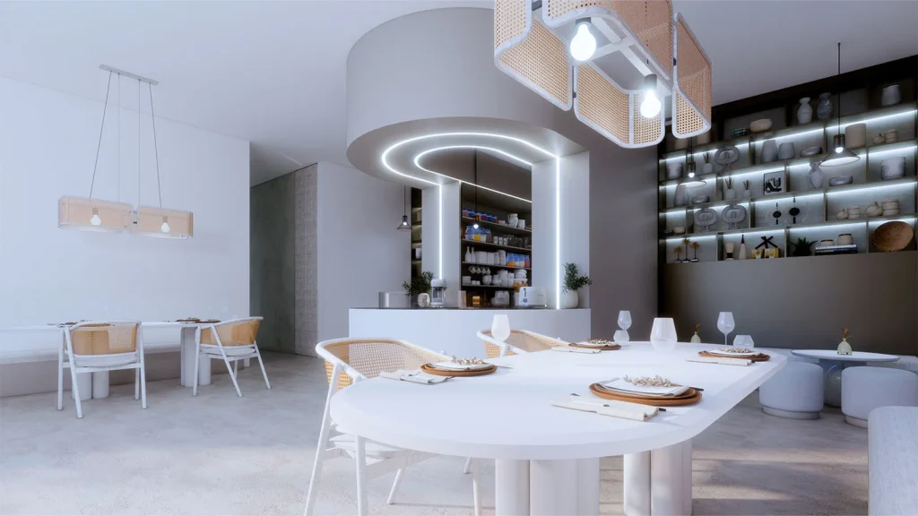 Interior visualisation of the shared co-kitchen near the Muay Thai gym and other facilities at The Element