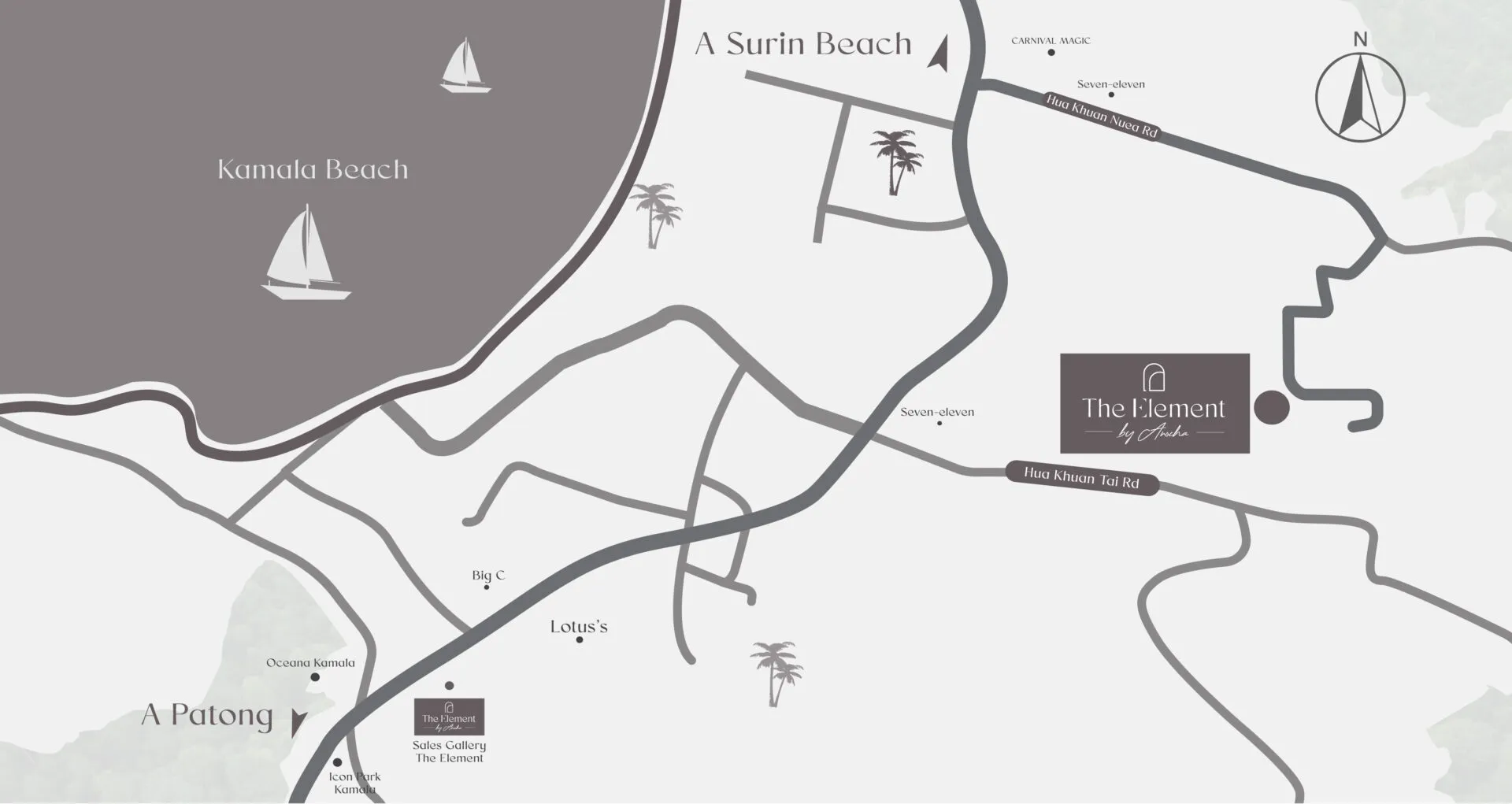Location map of The Element in Kamala showing Kamala Beach and the directions to Surin Beach and Patong, useful when comparing Kamala vs Patong