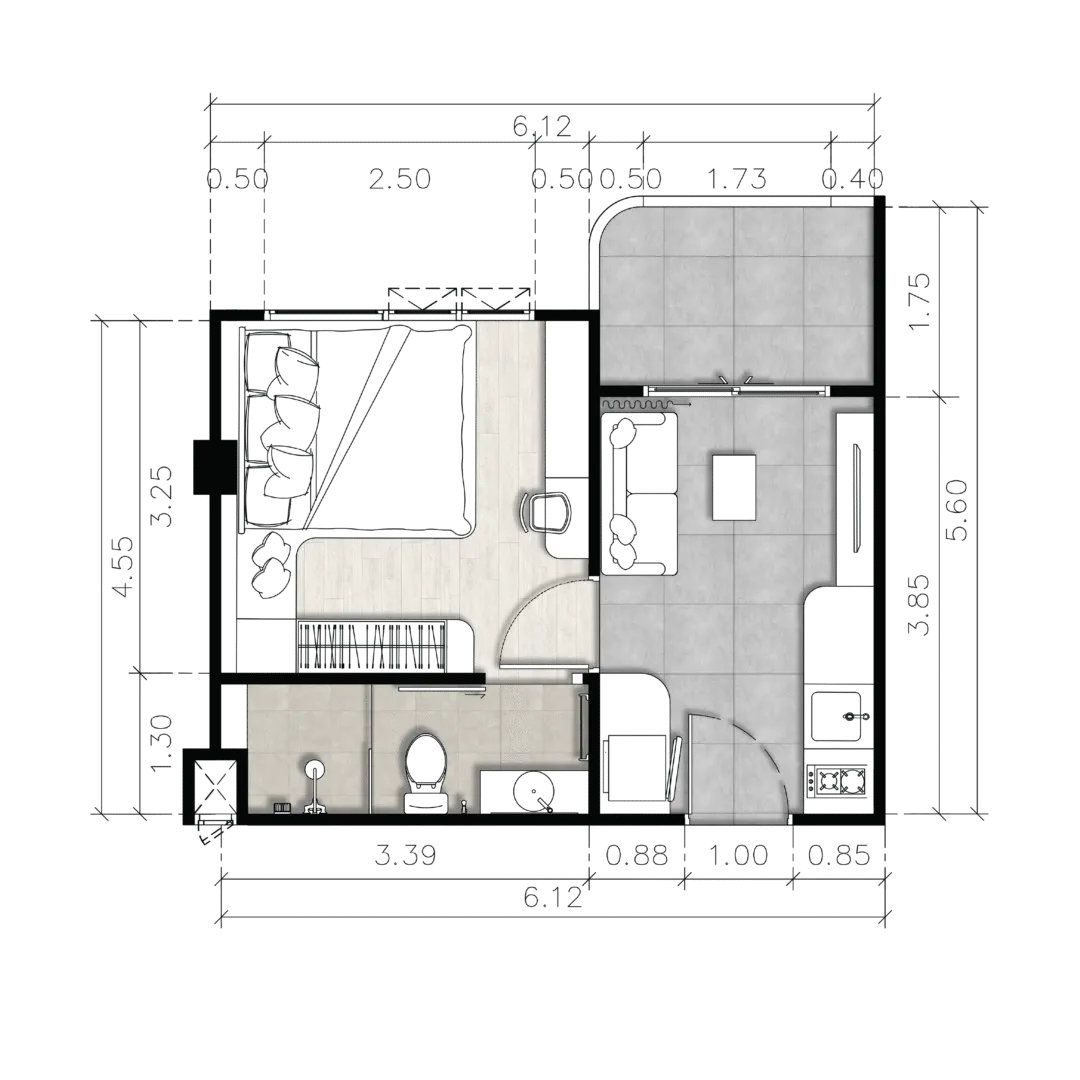 Floor plan of a Type A one-bedroom residence, 29.87 sq.m., at The Element