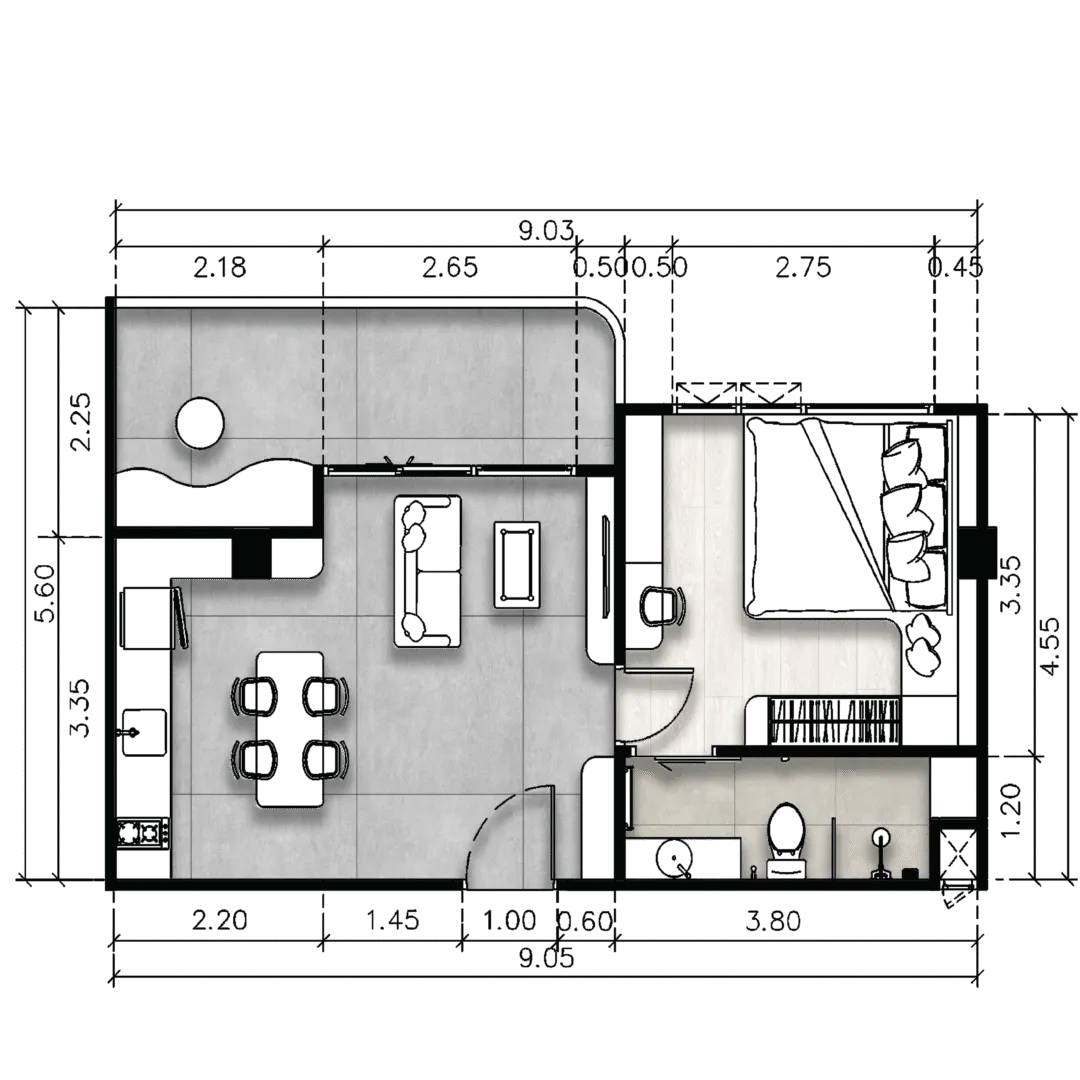 Floor plan of a Type A one-bedroom residence, 46.10 sq.m., at The Element, the kind of plan to check at a new condo launch