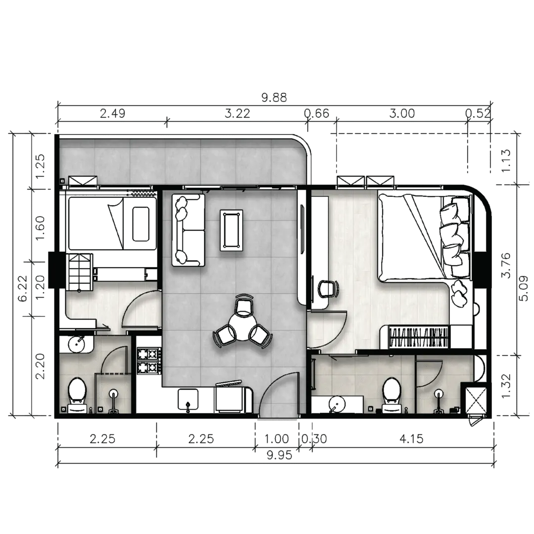Floor plan of a Type A one-bedroom residence, 48.78 sq.m., a starting point for furnishing a condo