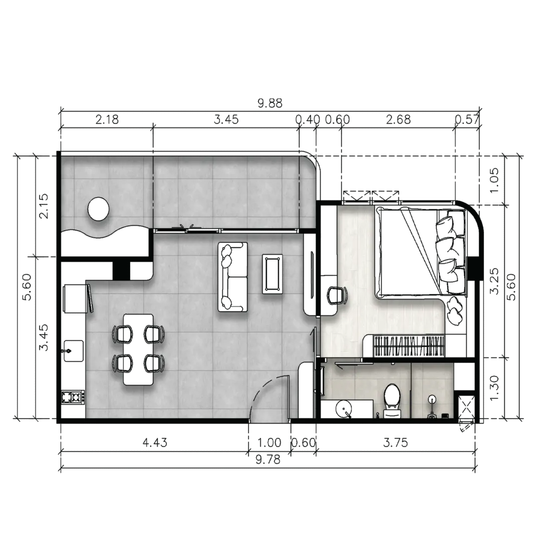 Floor plan of a Type A one-bedroom residence, 50.09 sq.m., at The Element