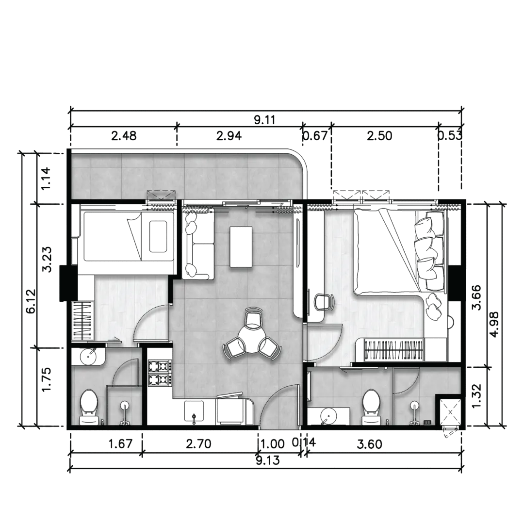 Floor plan of a Type A one-bedroom residence, 52.95 sq.m. at The Element