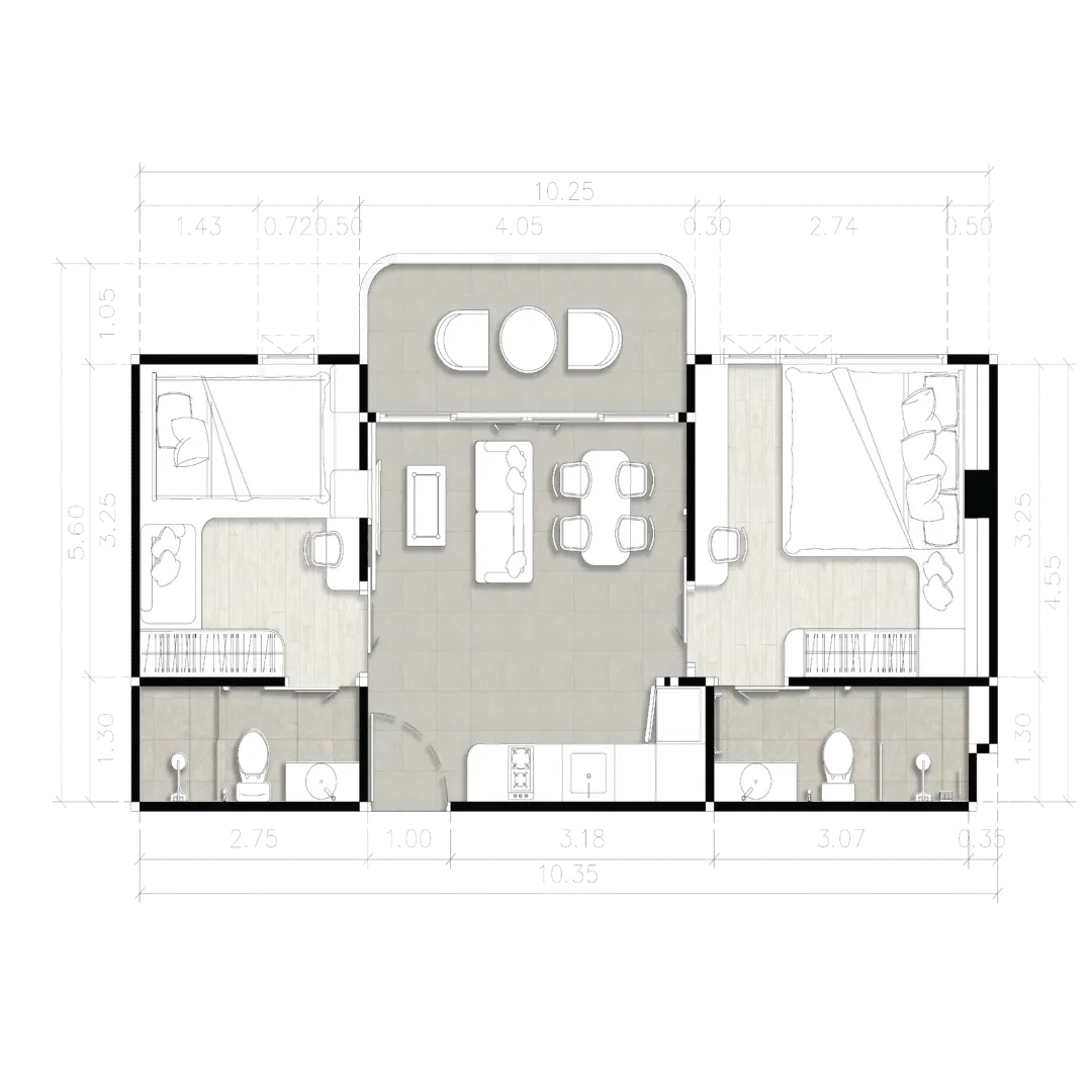 Floor plan of a Type B two-bedroom residence, 49.83 sq.m., at The Element, the kind of document to check when buying property in Phuket