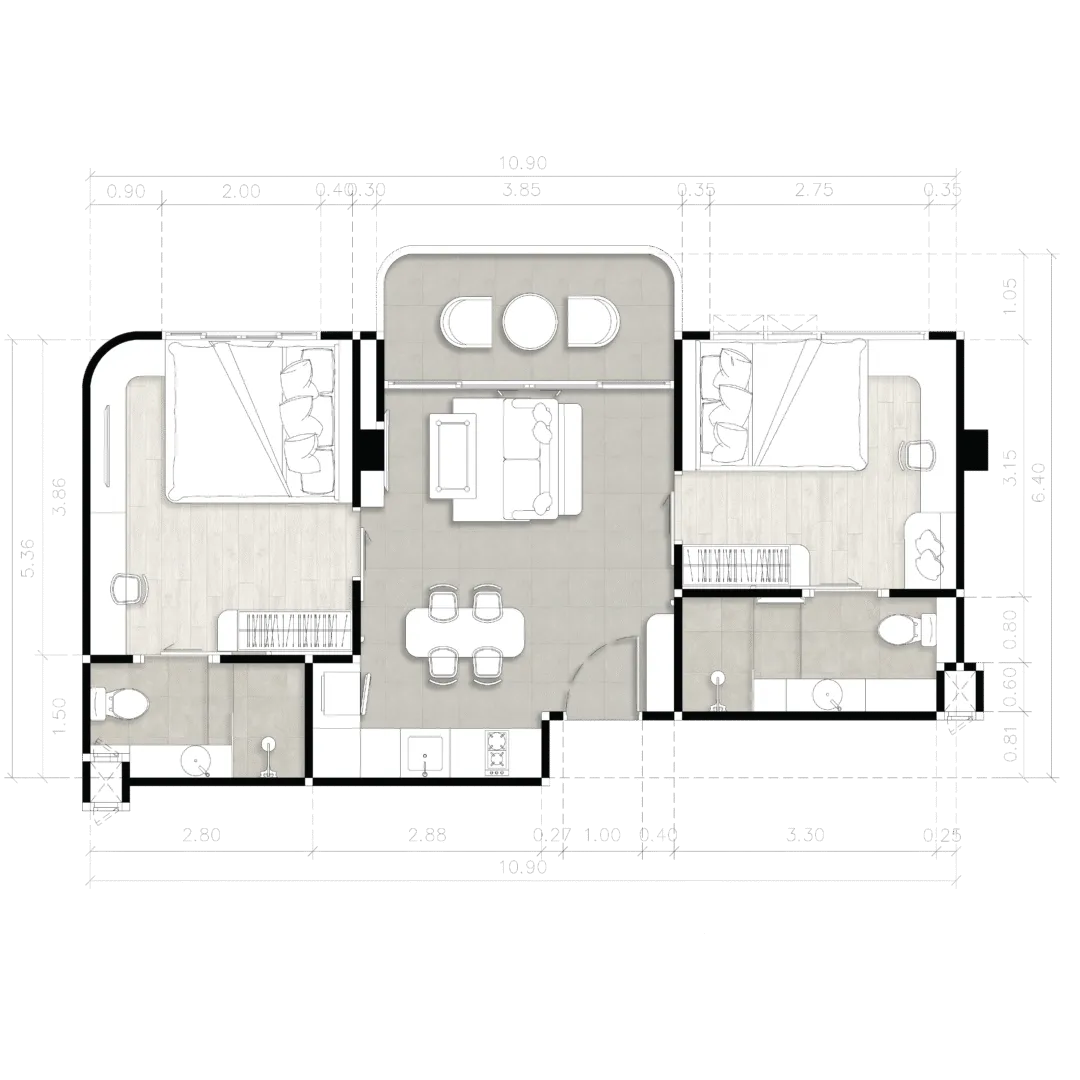 Floor plan of a Type B two-bedroom residence, 57.25 sq.m., at The Element; unit size affects ownership costs