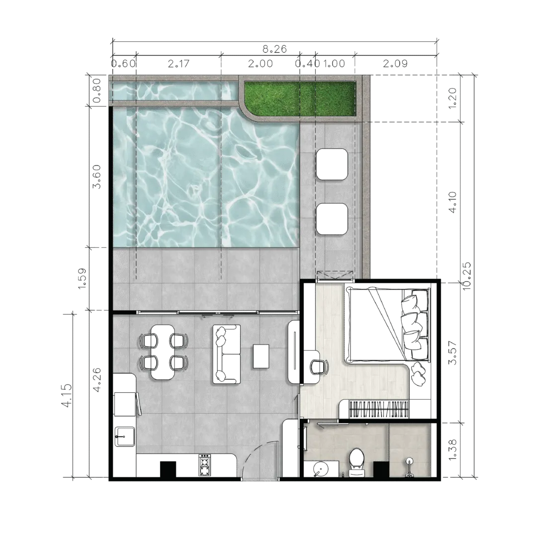 Floor plan of a Type C one-bedroom residence with private pool, 74.15 sq.m. at The Element