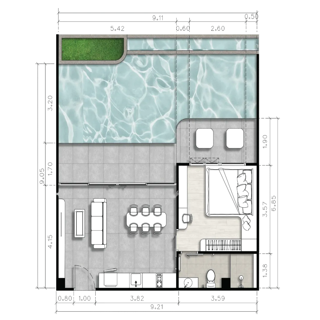Floor plan of a Type C one-bedroom residence with private pool, 92.61 sq.m. at The Element