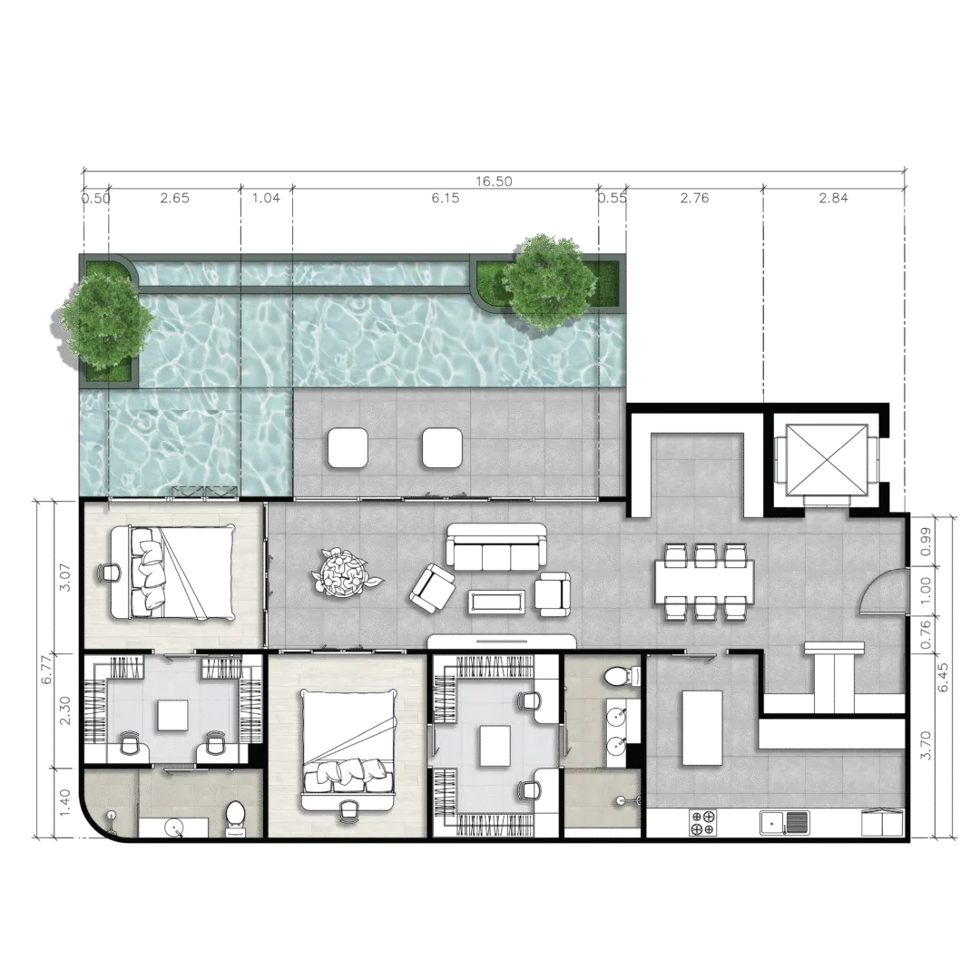 Floor plan of a Type D two-bedroom residence with private pool, 124.74 sq.m., at The Element