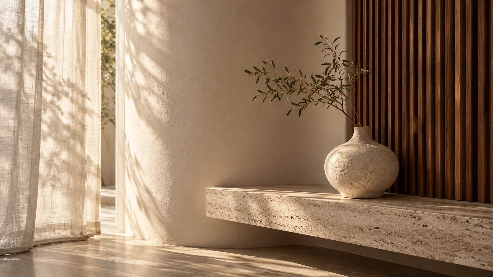 Sculptural plaster, walnut and stone details in soft daylight.
