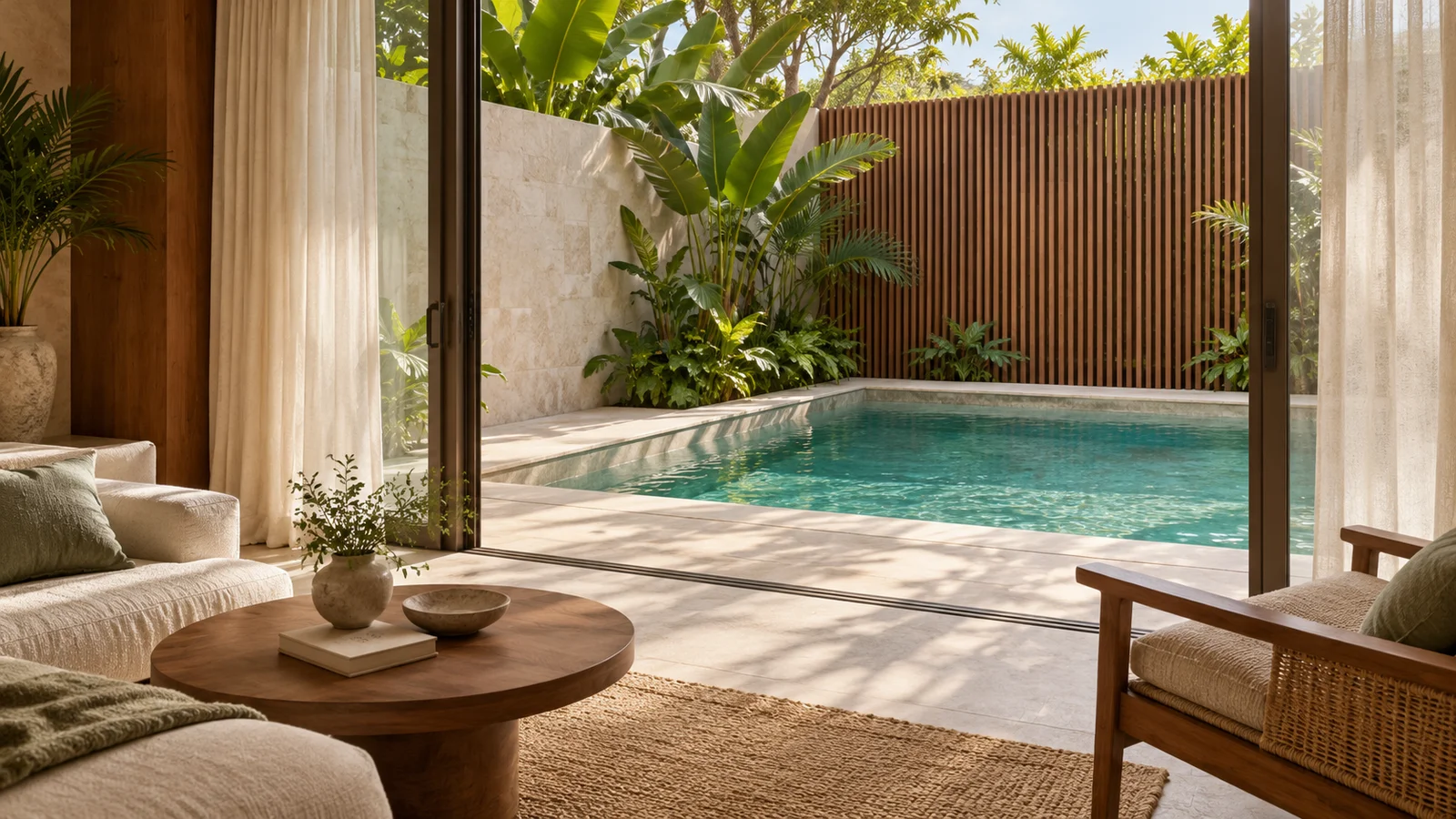 Illustrative private plunge pool viewed through an open residential doorway.
