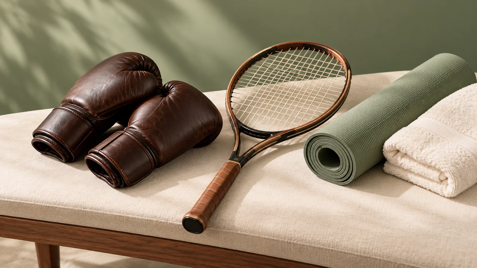 Boxing gloves, tennis racket and yoga mat representing active living.