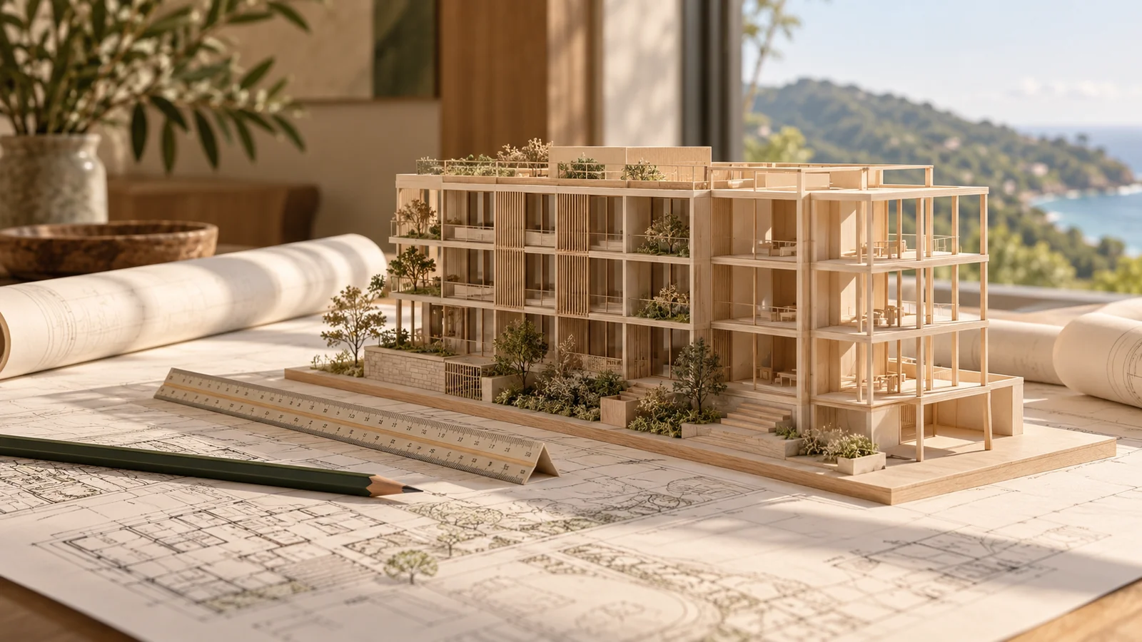Architectural study model and drawings illustrating off-plan purchase planning.