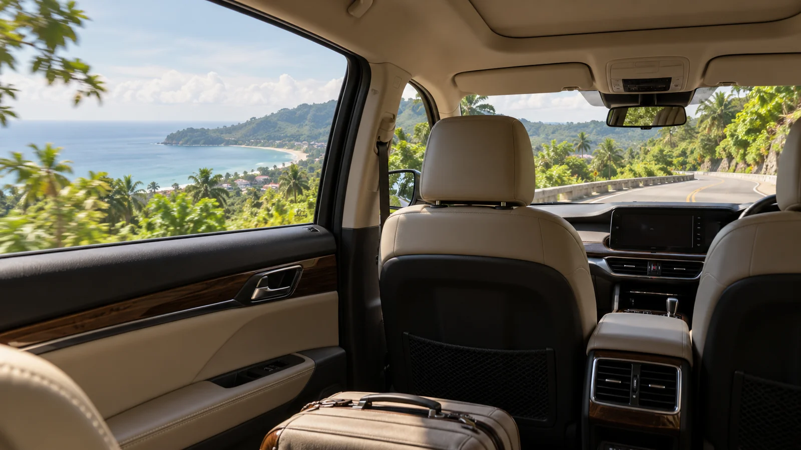 Illustrative view from a transfer car on a tropical hillside road.