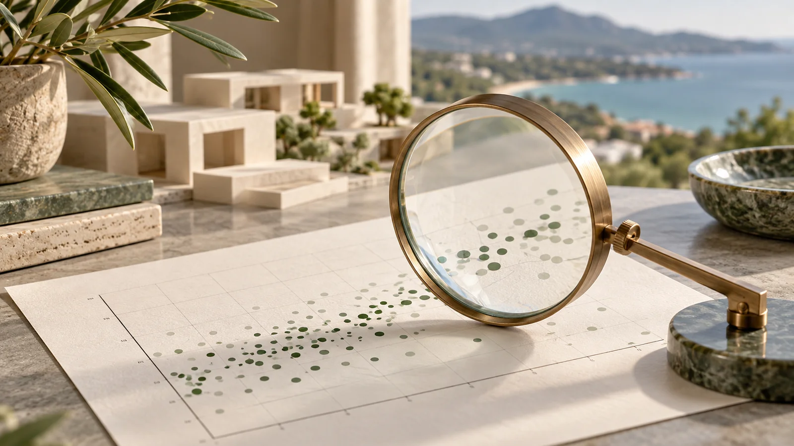 Magnifying glass over an abstract property-market comparison chart.