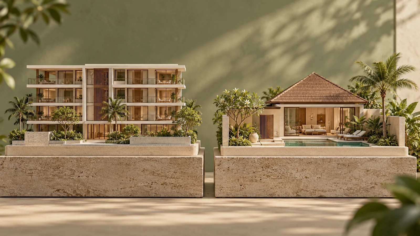 Two architectural models comparing a condominium and a detached villa.
