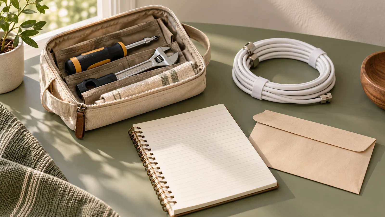 Home-maintenance tools and a household ledger representing ownership costs.