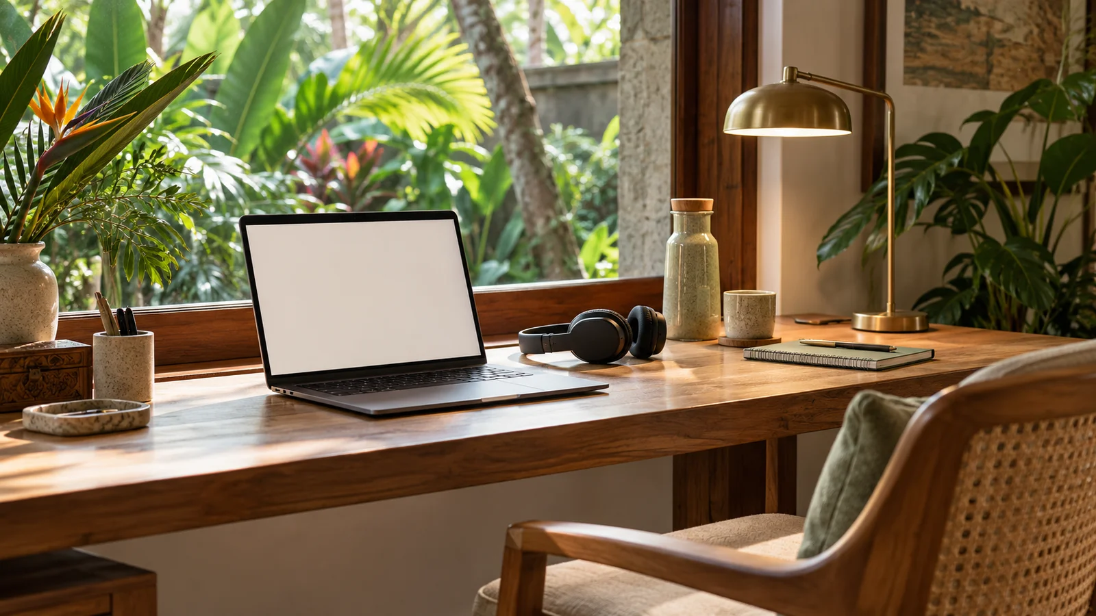Illustrative remote-work desk with a laptop beside a tropical garden window.