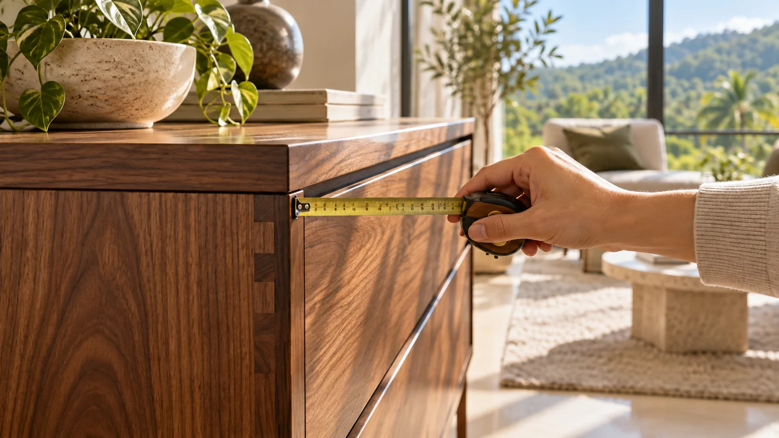 Close-up of cabinetry being measured during a home-condition review.