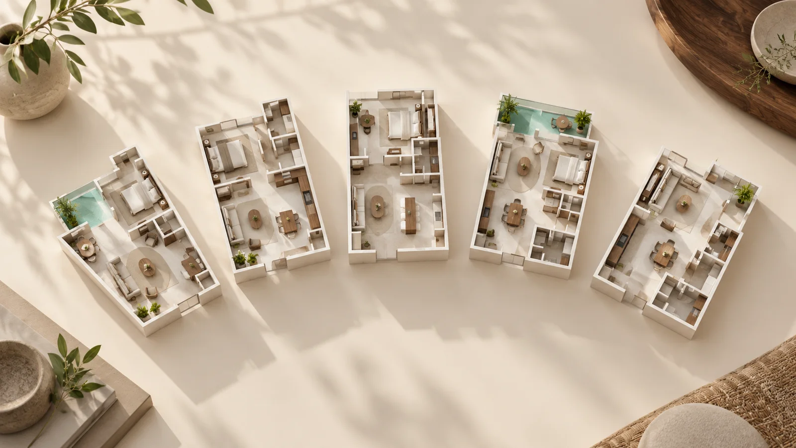 Five conceptual layout models illustrating how residential plans can be compared.