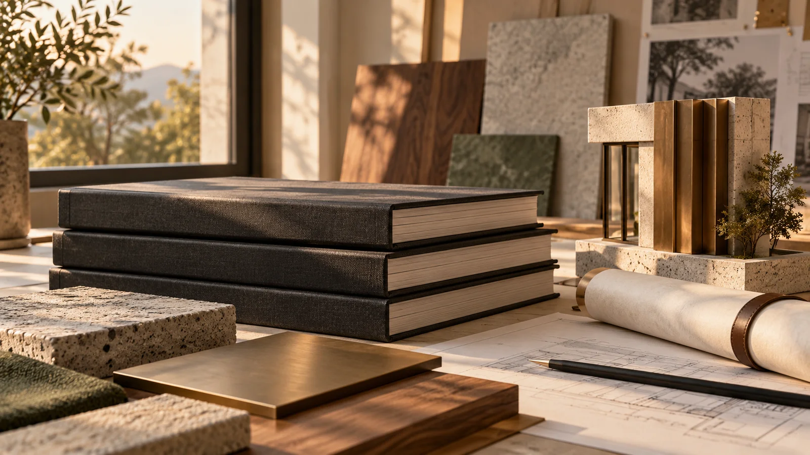 Architectural portfolio books and material samples representing developer research.