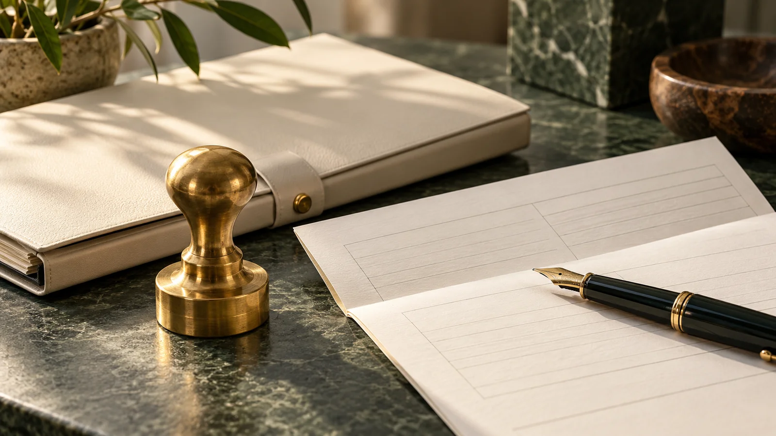 Document stamp, folder and pen illustrating property-transfer administration.