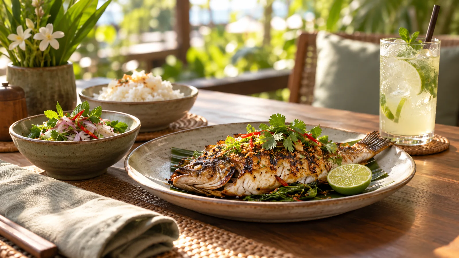 Illustrative Thai meal served on a shaded tropical dining terrace.