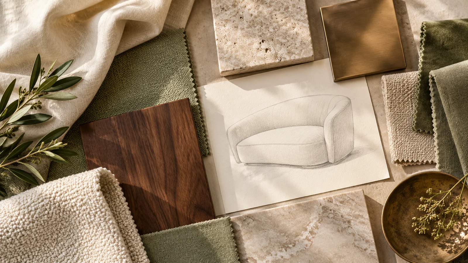 Interior-design material palette with linen, sage fabric, walnut and limestone.