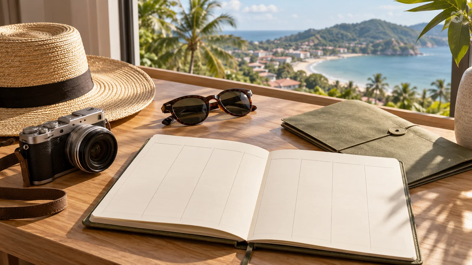 Travel essentials and an unlabelled weekly planner for a property-viewing trip.