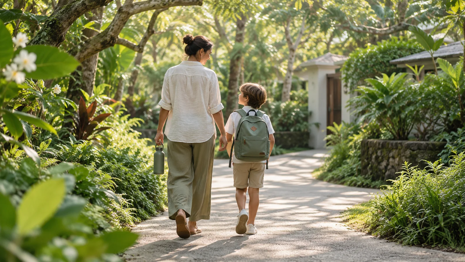 Illustration of a parent and child with a backpack on a shaded neighbourhood path.