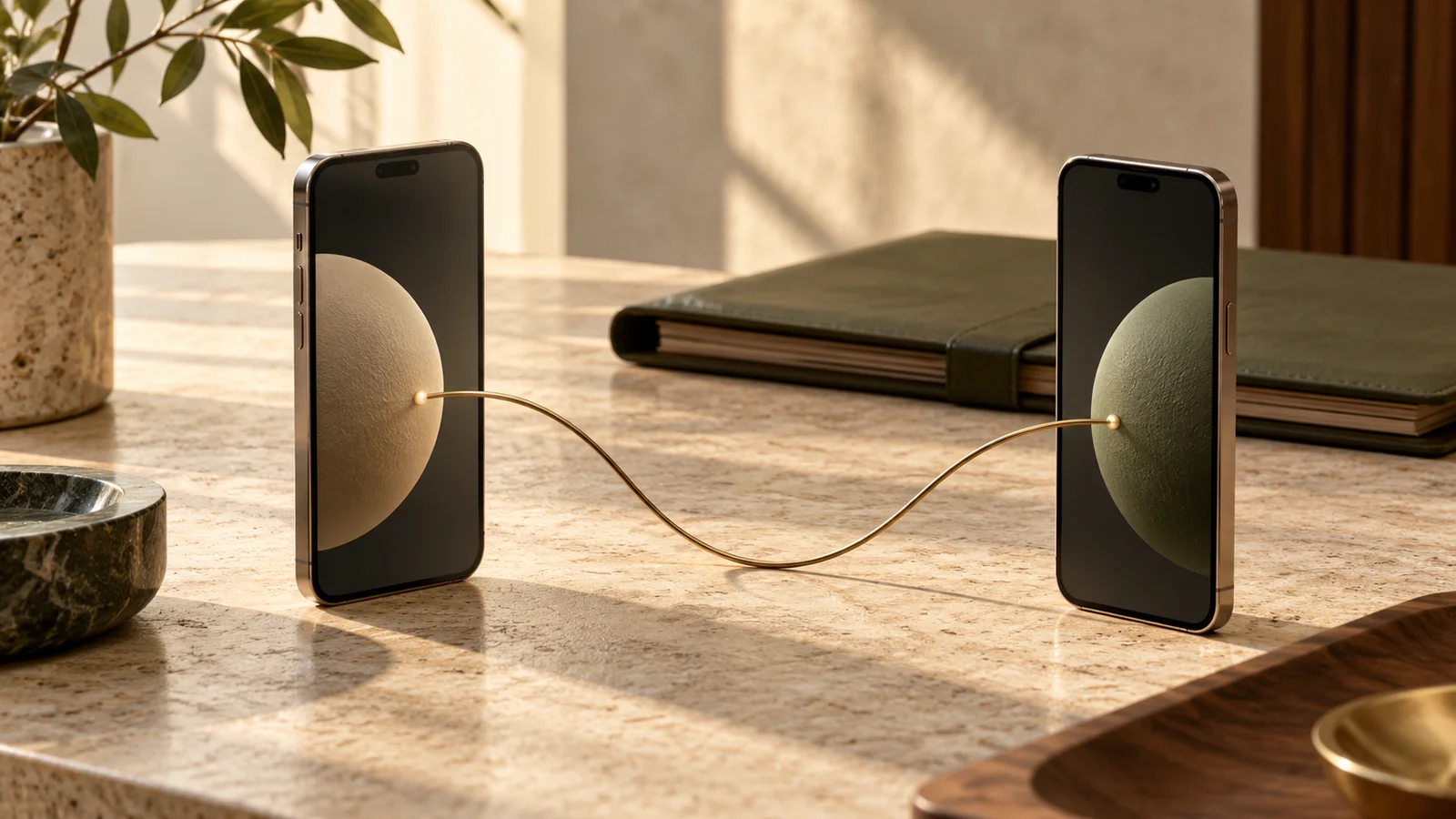 Conceptual connected phones illustrating coordination of a bank transfer.