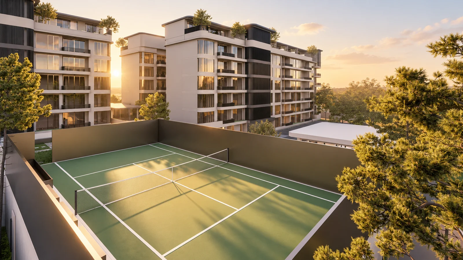 AI-restyled early-morning view based on The Element tennis-court visualisation.