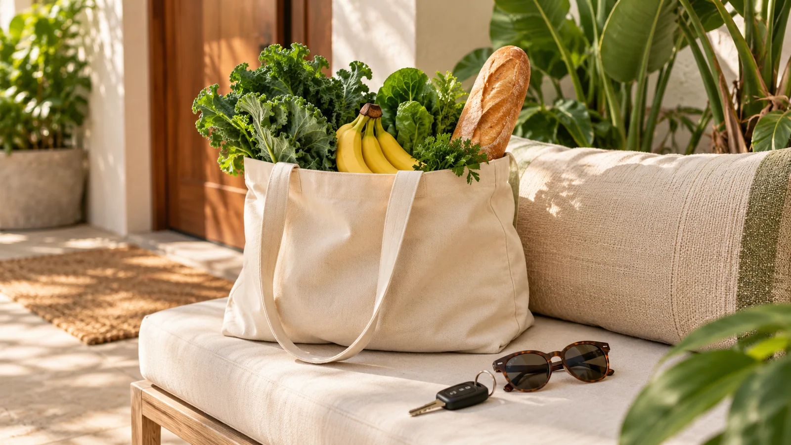 Grocery tote and car key illustrating everyday local errands.